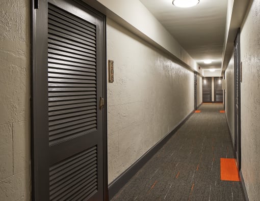 a hallway with a black door in a building