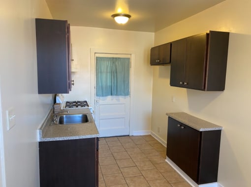 a kitchen with black cabinets and a sink and a door