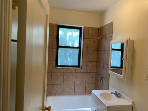 a bathroom with a sink and a tub and a window