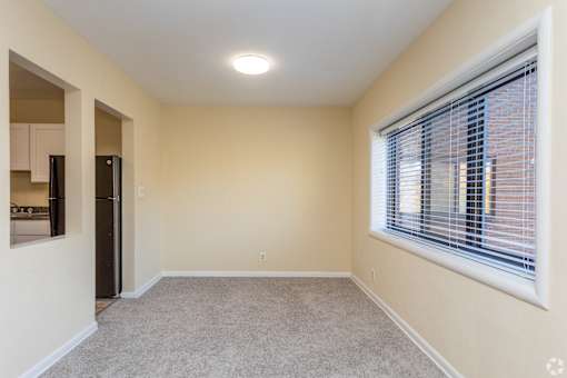 A room with a window covered by blinds and a carpet on the floor.