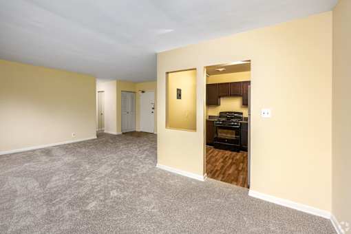 A room with a carpeted floor and a doorway leading to another room.