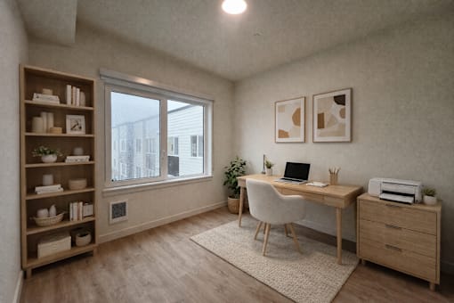A room with a desk, chair, and shelves.