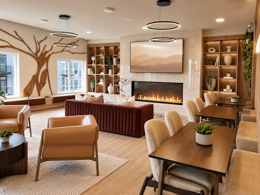 A living room with a fireplace and a large painting on the wall.