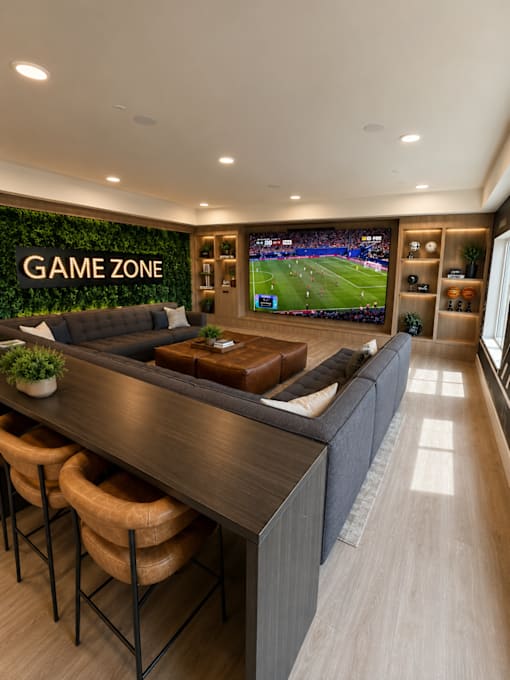 A modern bar area with a green wall and a television screen showing a football game.