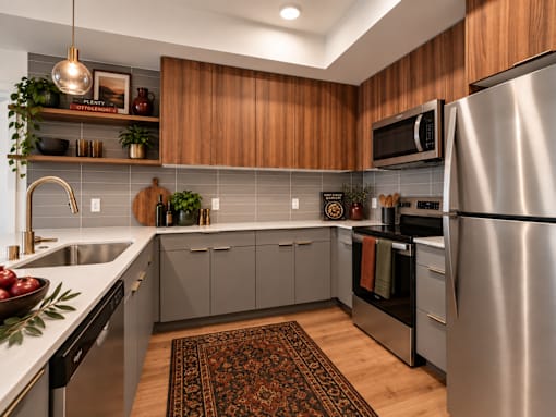 A modern kitchen with wooden cabinets and stainless steel appliances.