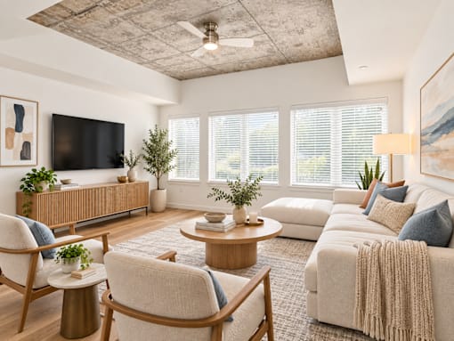 A living room with a white couch, a wooden coffee table, and a flat-screen TV mounted on the wall.