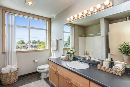 A bathroom with a large mirror and lights above it.