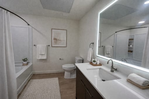 A bathroom with a toilet, sink, and mirror.