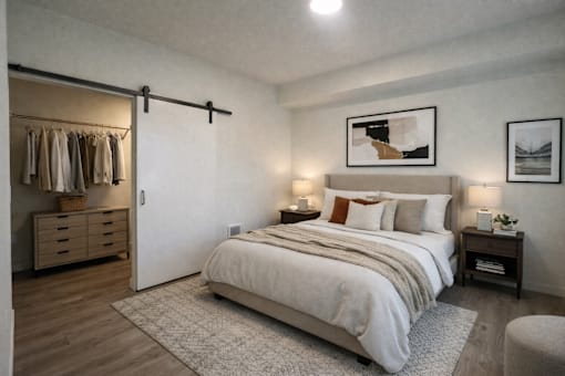 A bedroom with a large bed and a wooden floor.