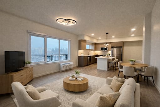 A living room with a television, couch, and chairs.