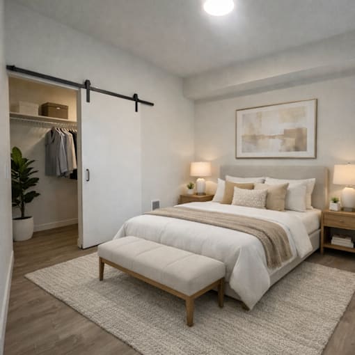 A bedroom with a large bed and a bench in front of it.