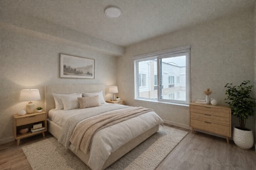 A bedroom with a large bed, a nightstand with a lamp, a window, and a plant.