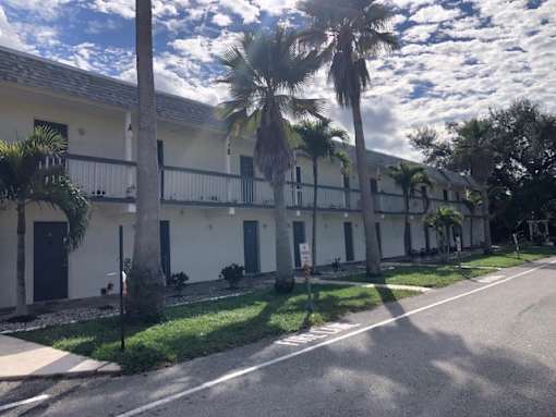 A white building with a balcony and a black door is surrounded by palm trees.