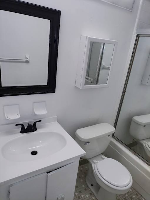A white toilet sits next to a sink in a bathroom.