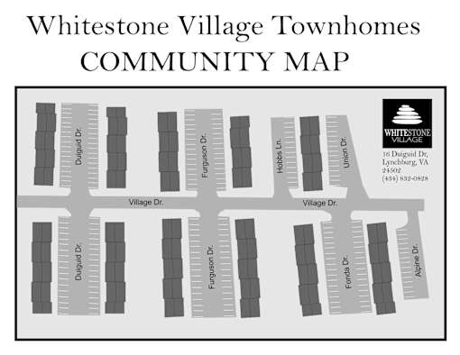 A map of the Whitetone Village Townhomes with the streets labeled.
