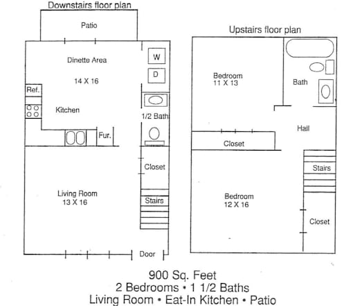 A floor plan shows a two bedroom apartment with a living room, kitchen, and patio.