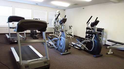 A gym with treadmill, exercise bike and other equipment.