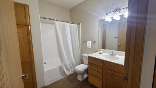 A bathroom with a toilet, sink, and shower.