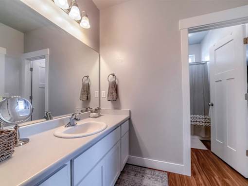 A bathroom with a white sink and a mirror.