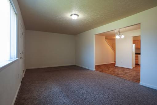 A room with a carpeted floor and a window on the left side.