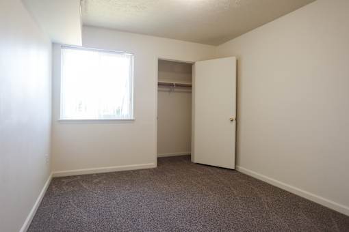 A room with a carpeted floor, a white door, and a window letting in natural light.