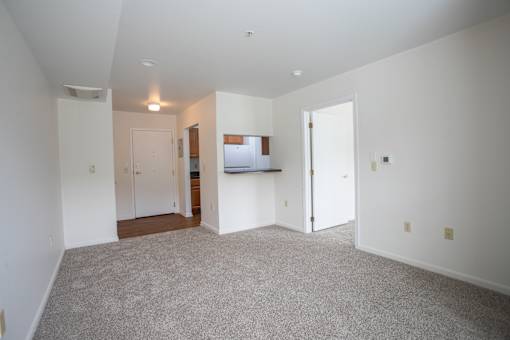 A spacious room with white walls and carpeted floor.