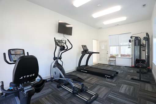 A gym with a variety of exercise equipment including treadmills, stationary bikes, and weight machines.