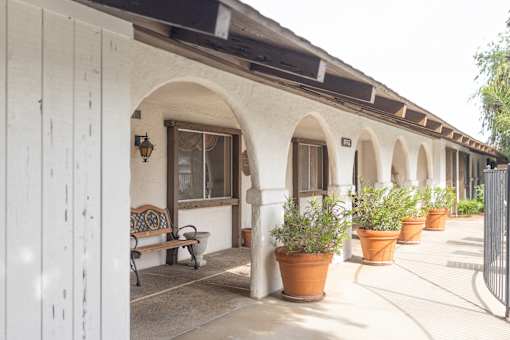 A white building with arched windows and potted plants.