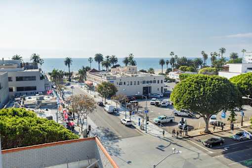 A view of a street with cars and palm trees.