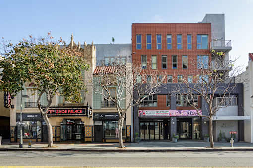 A building with a red brick facade and a sign that says "P-Shoe Palace" is in the foreground.