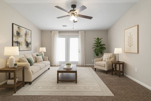 A living room with a beige sofa, a coffee table, and a ceiling fan.