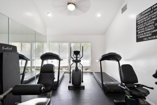 the gym has plenty of treadmills and ellipticals and a window overlooking the