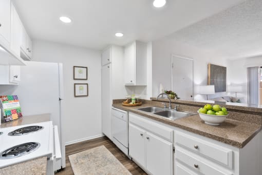 a kitchen with white cabinets and a counter top and a sink