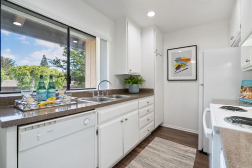 a kitchen with white cabinets and a sink and a window