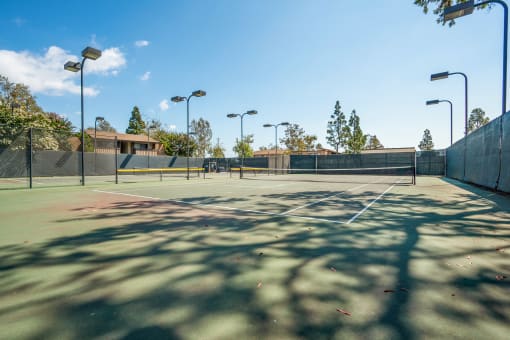 a tennis court at a school with trees in the background