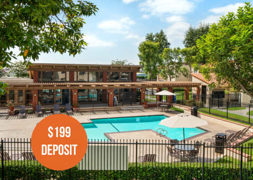 an image of a pool and a house with a 199 deposit