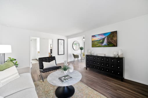 a living room with a couch and a coffee table