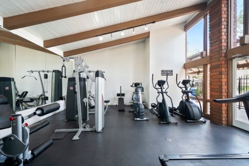 a gym with cardio equipment and weights on the floor