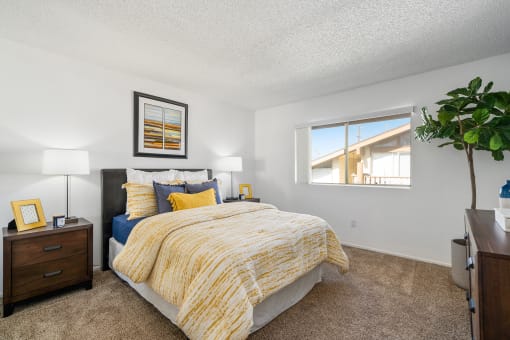 a bedroom with a bed and a window