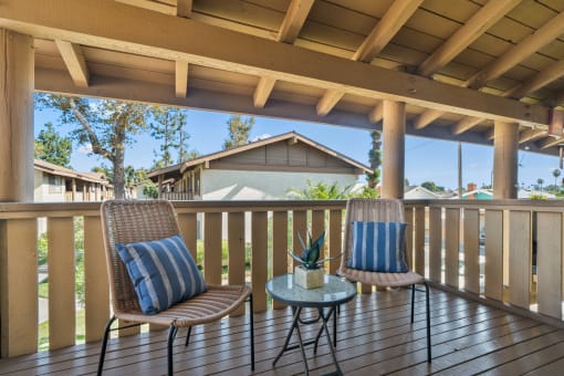 a covered porch with two chairs and a table