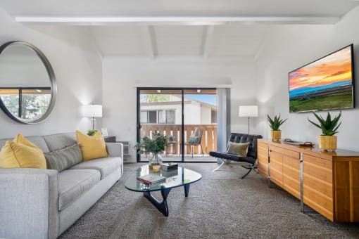 a living room with a gray couch and a glass coffee table