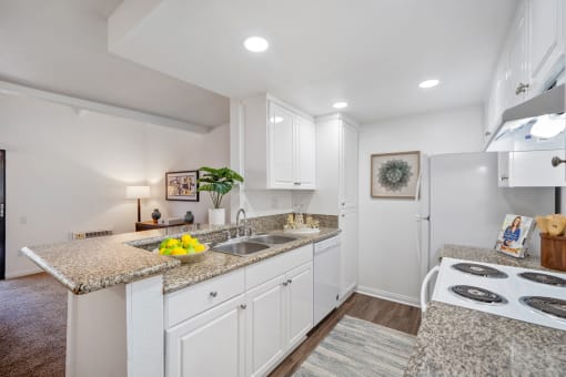 a kitchen with white cabinets and granite countertops