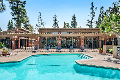 A large swimming pool in front of a building with a covered patio area.