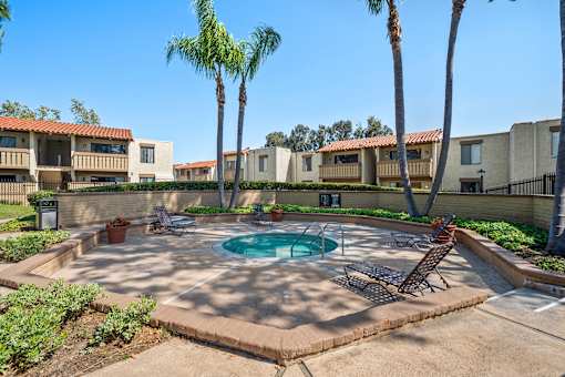 A pool surrounded by palm trees and chairs.
