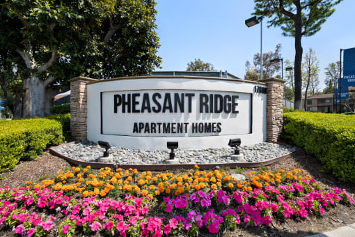 a sign apartments homes in front of colorful flowers