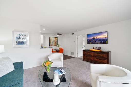 a living room with couches and a glass coffee table and a television