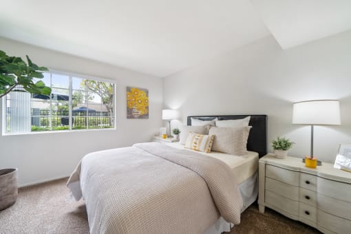 a bedroom with a bed and a window