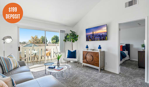 A living room with a grey sofa, a coffee table, a TV, and a bed with a blue pillow.