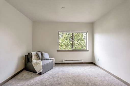 A living room with a grey couch and a window.