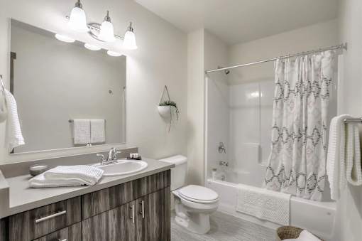 A bathroom with a white toilet, sink, and shower.